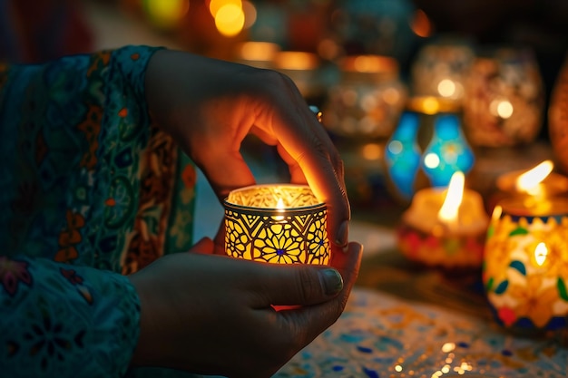 Person Illuminating Candle for Ramadan Occasion