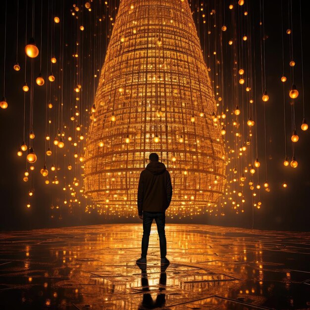 Person immersed in golden light and sphere installations