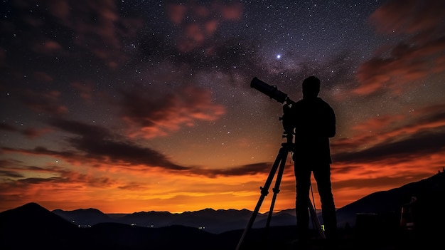 望遠鏡で星空観察に没頭する人