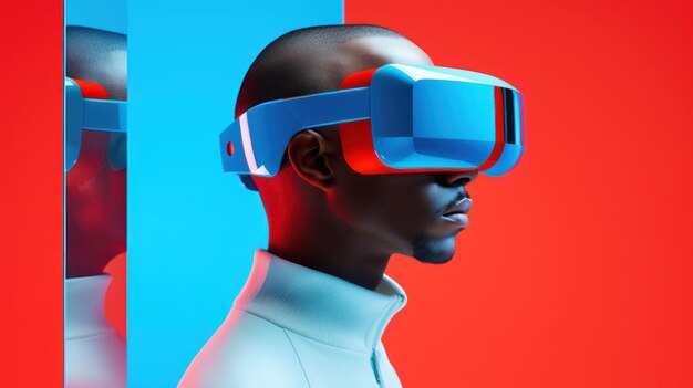 仮想現実に没頭し ヘッドセットをかぶって デジタル世界を探索する人