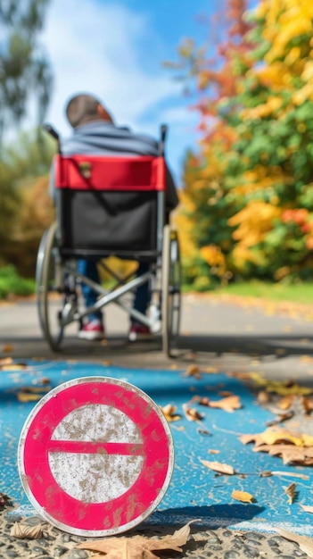 写真 車椅子に乗った人が道を歩いている