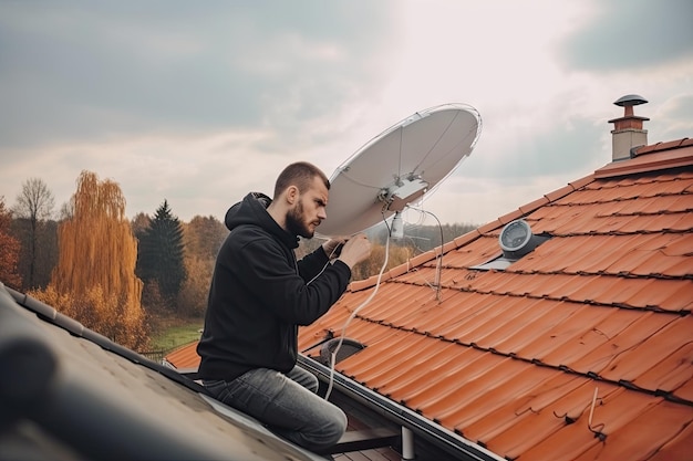 A person installing a satellite dish on the roof in the modern suburban house created with generativ