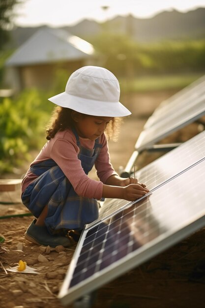 Photo person interaction with solar energy systems inspecting the solar panel system