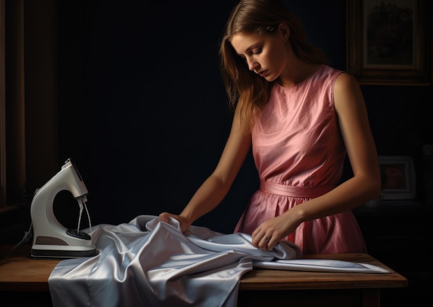 A person ironing fabric material before sewing