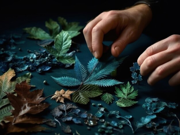 Photo a person is arranging leaves on a table.