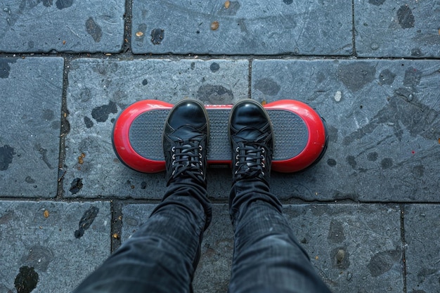 Photo a person is balancing on a skateboard as they stand on a concrete sidewalk they are positioned uprig