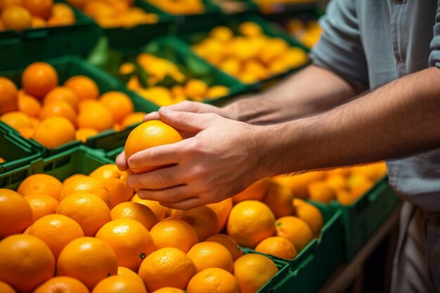 A person is carefully choosing ripe tangerines at a grocery store