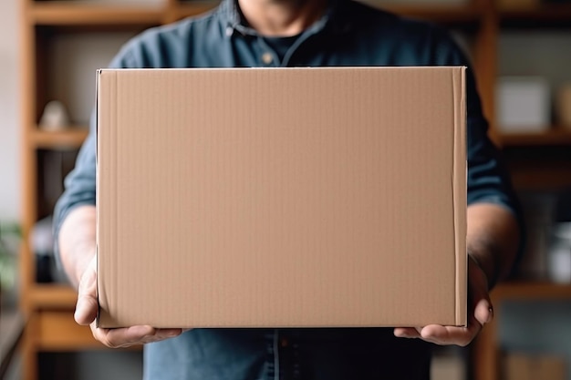 大きな紙箱のパッケージを背負っている人普通の紙箱のモックアップ