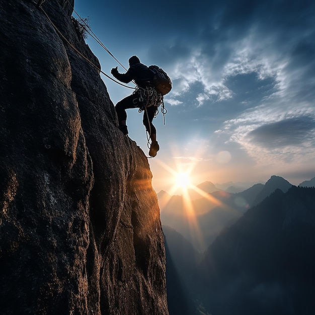 A person is climbing a rock with a rope