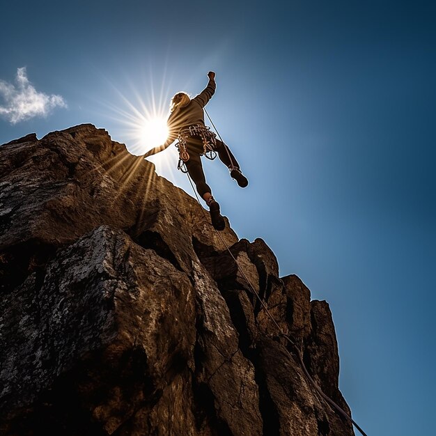 A person is climbing a rock with a rope