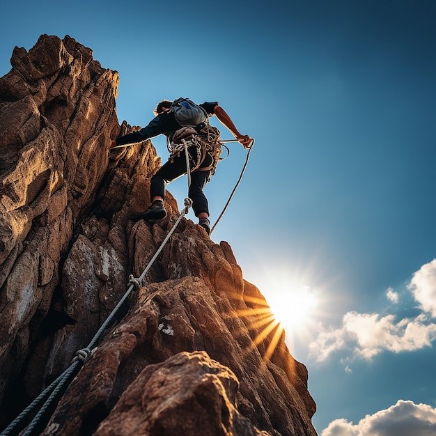 Foto una persona si arrampica su una roccia con una corda