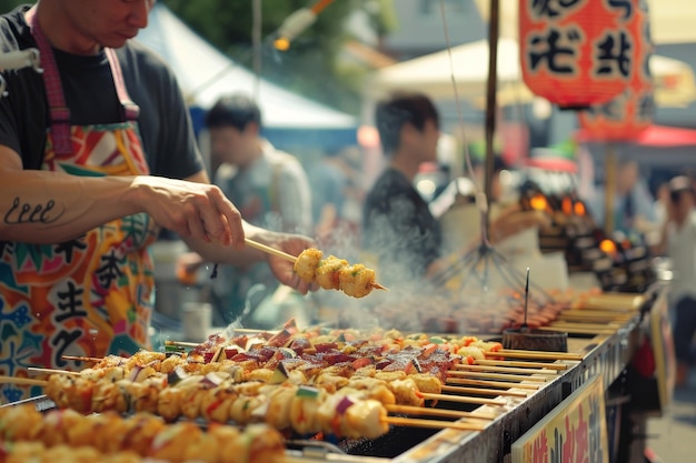 Foto una persona sta cucinando cibo su una griglia con molti tipi diversi di cibo