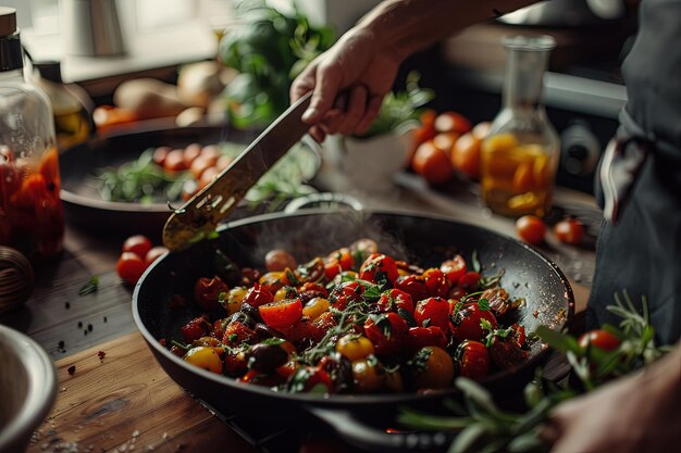 A person is cooking tomatoes in a skillet