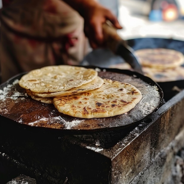 Photo a person is cooking tortillas on a pan