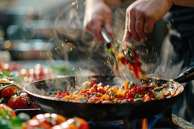 A person is cooking vegetables in a wok