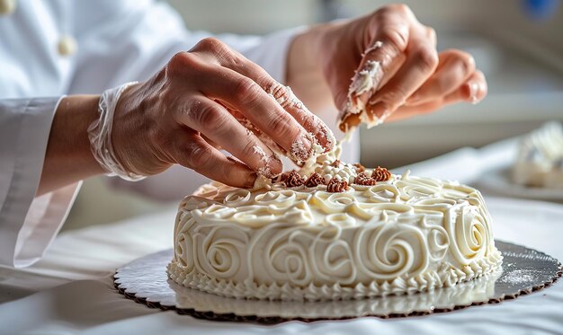 Foto una persona sta tagliando una torta con un coltello e una torta su di essa