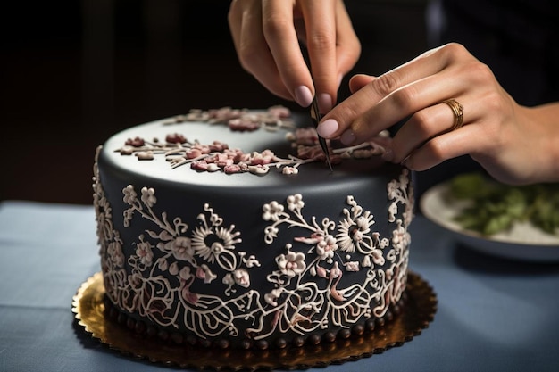 Photo a person is cutting a cake with a knife.