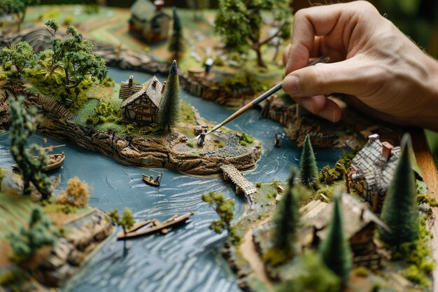 Photo a person is cutting a model of a wooden bridge