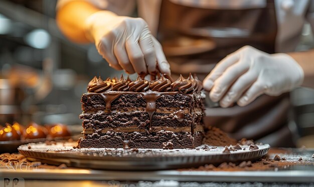 человек разрезает кусок торта с шоколадной глазурой