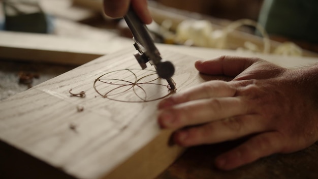 Una persona sta tagliando un pezzo di legno con una penna sopra.