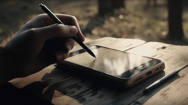 A person is drawing on a smartphone with a pen.