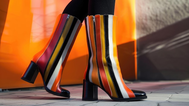 The person is dress in colorful striped boots with high heels