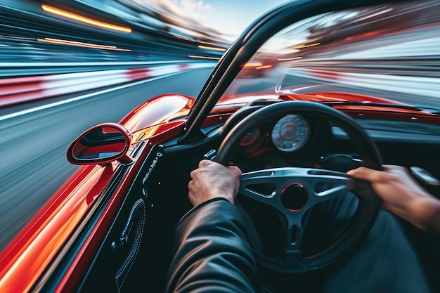 A person is driving a car on a crowded highway in an urban area A POV from the driveras seat during a highspeed sport car race AI Generated