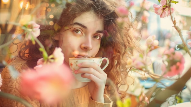 Photo the person is enjoying and sipping the coffee or tea at the outdoor cafe aig