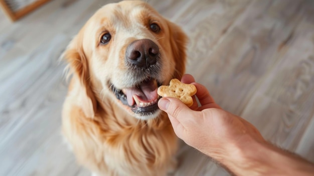 Photo a person is feeding a dog a treat