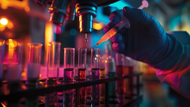 A person is filling a syringe with a liquid in a lab