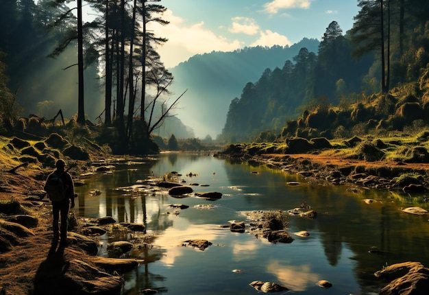 A person is fishing in the river below a hilly forest