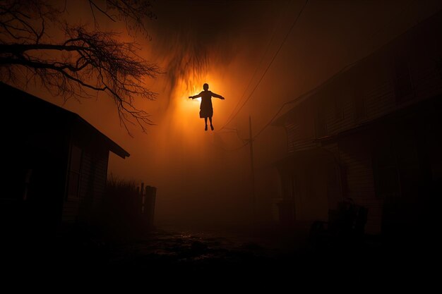 Photo a person is flying in the air with a light in the background