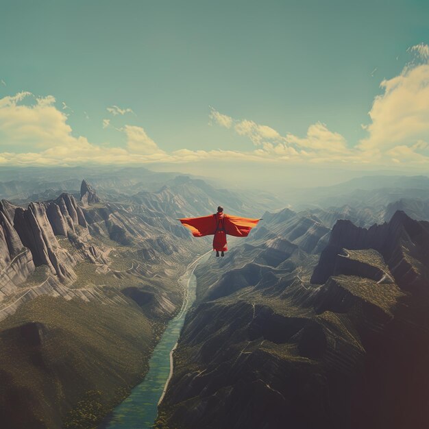 Photo a person is flying a plane over a mountain stream