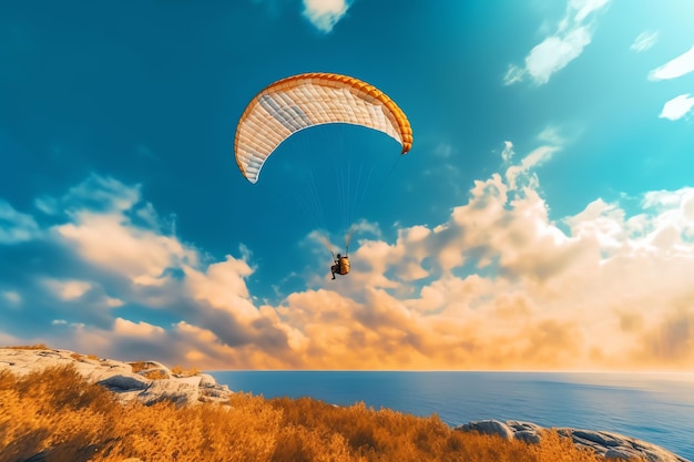 A person is flying with a parachute in the sky