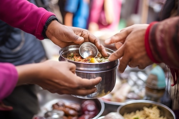 Photo a person is giving food to another person.