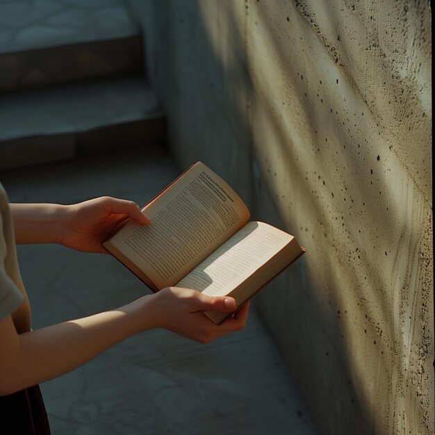 a person is holding a book that is opened to a curtain