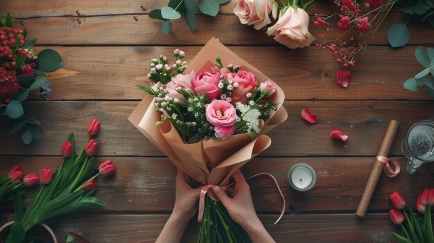 Photo a person is holding a bouquet of flowers on a wooden table