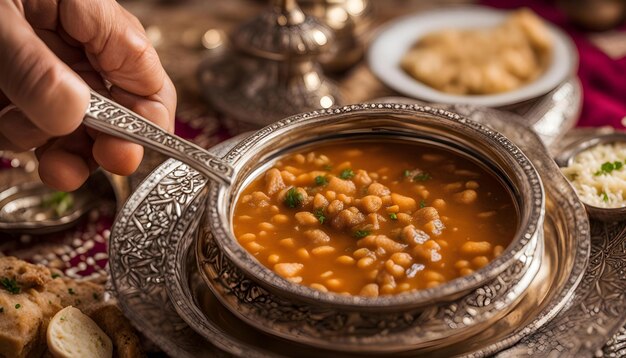 Photo a person is holding a bowl of beans with a spoon