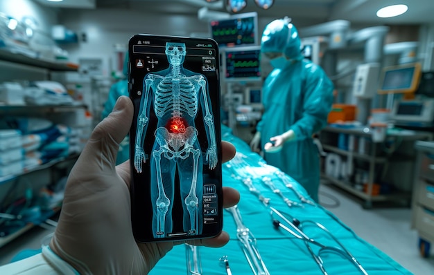 Photo a person is holding a cell phone that is displaying a skeleton the image is set in a hospital with a doctor standing nearby