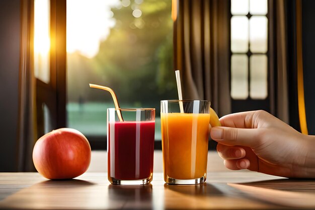 A person is holding a glass of juice and a straw in their hand.