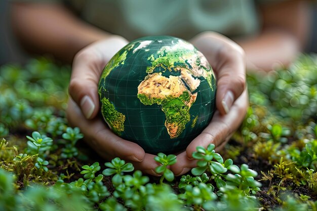 Person is holding a globe with plants Concept of Day Earth