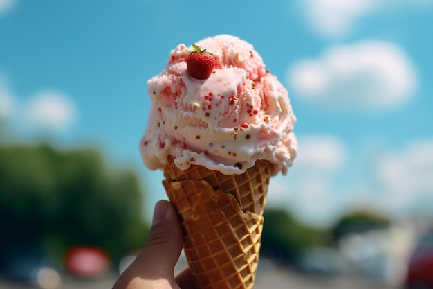 a person is holding an ice cream cone with red sprinkles.
