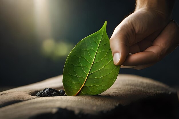 a person is holding a leaf that has the word " on it.