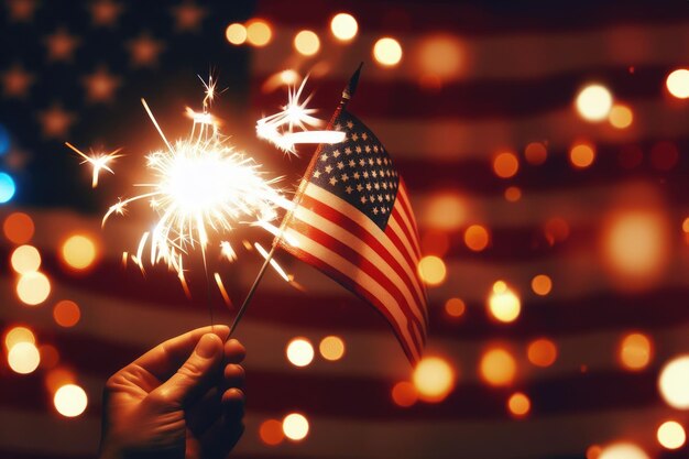 A person is holding lit American flag with a sparkler