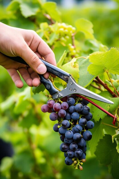 a person is holding a pair of scissors and a bunch of grapes