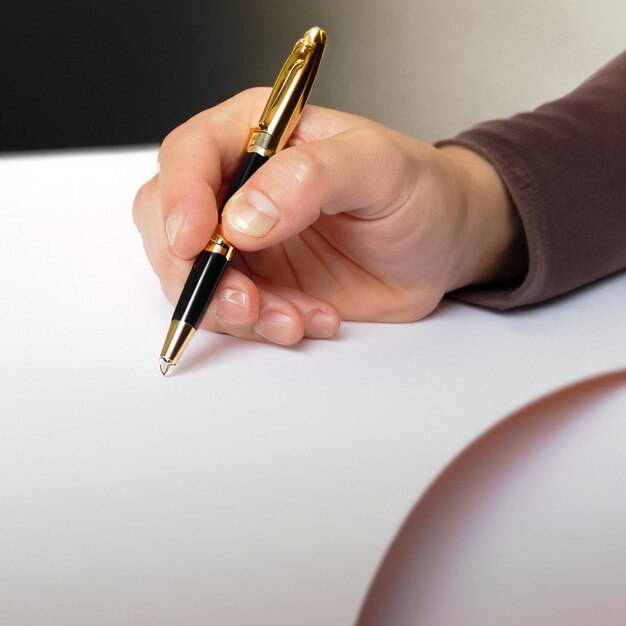 a person is holding a pen and writing on a white table
