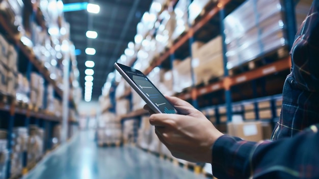 a person is holding a phone in a warehouse with boxes in the background