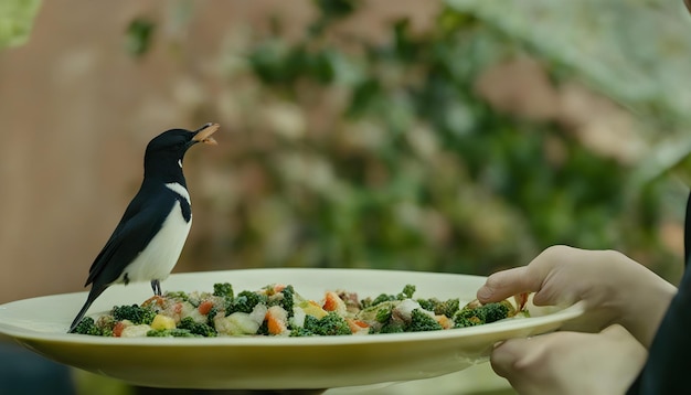 a person is holding a plate with a bird on it and a plate of food