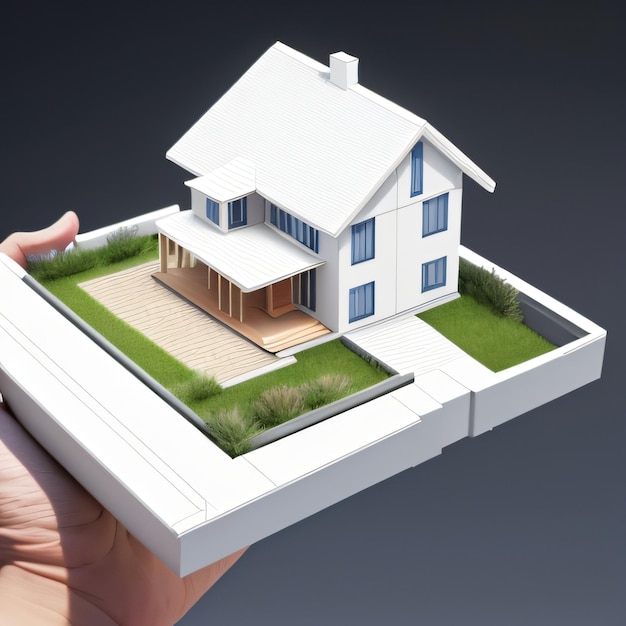 A person is holding a small house with a lawn in the middle.