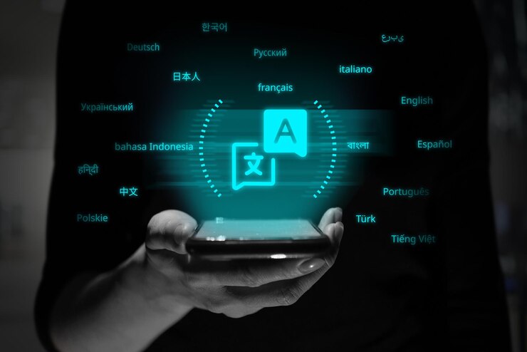 Photo a person is holding a smartphone with a holographic projection of the translator application symbol.